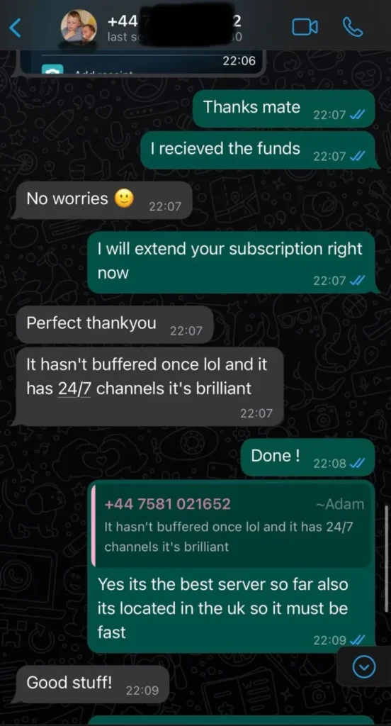 Customer review on WhatsApp praising the vast VOD library and safe family content with Nexeo IPTV.