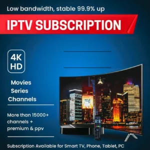 Premium 4K IPTV subscription dashboard showing live sports and entertainment channels on a Smart TV. IPTV Subscription Plans with Anti-Freeze Technology